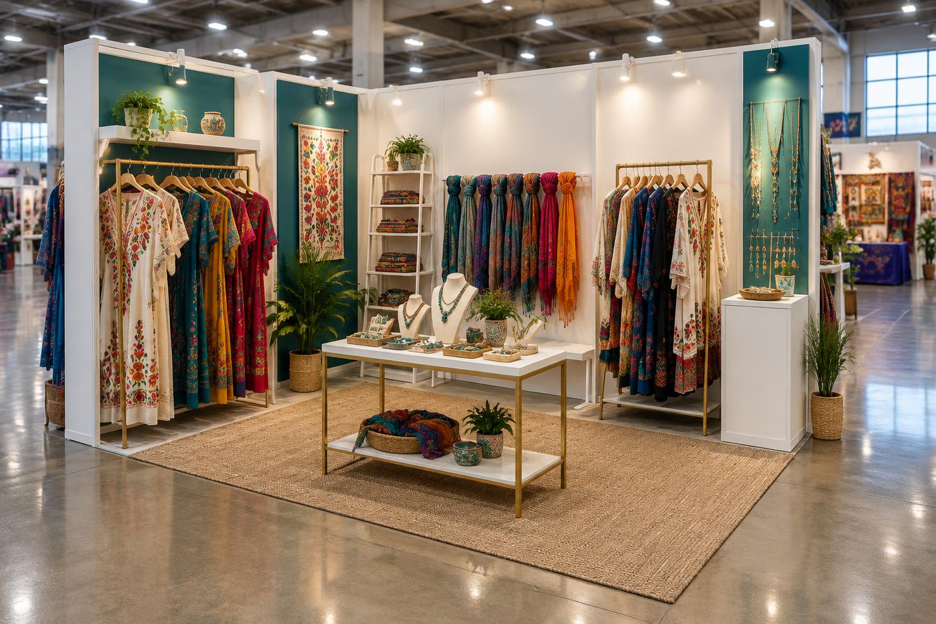 Illustrative 8x8 foot boutique clothing booth with embroidered dresses, scarves and jewelry