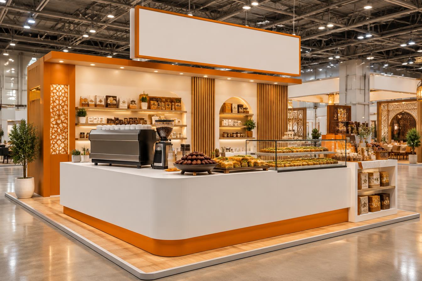 Illustrative food and coffee counter booth with espresso machine, dates and pastries