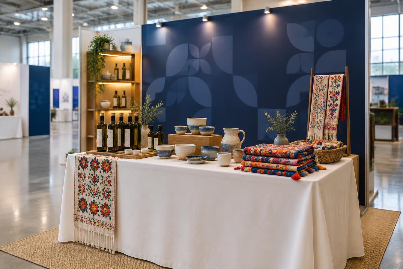 Illustrative 6x6 foot exhibitor table display with navy backdrop, ceramics, olive oil and embroidered textiles