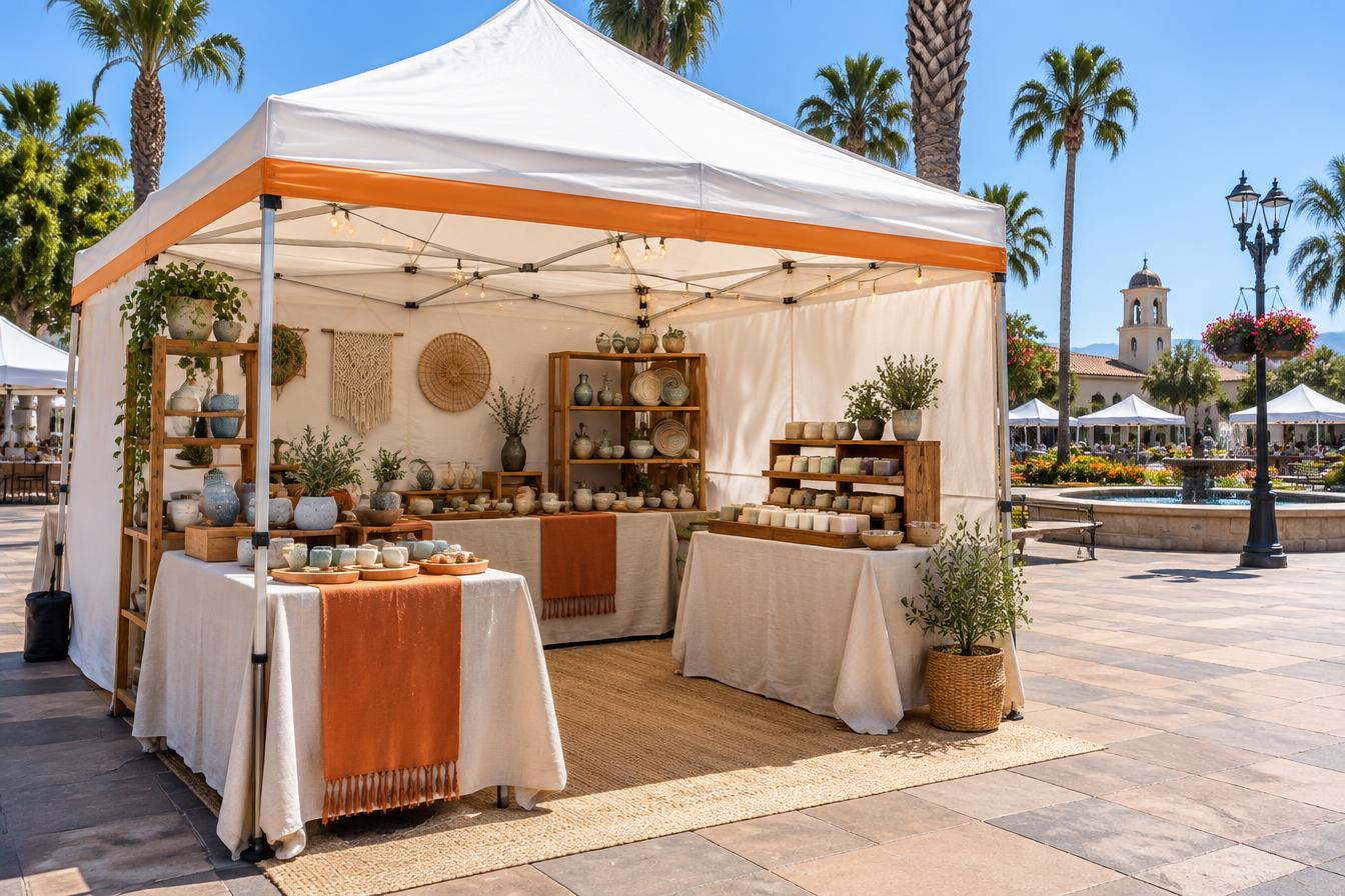 Illustrative outdoor white canopy tent booth with crafts and ceramics