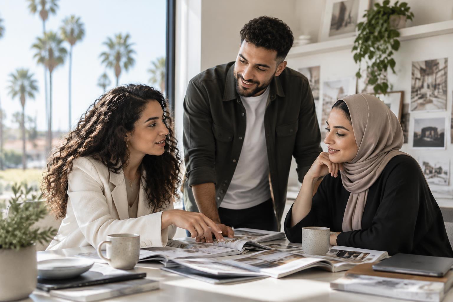 Generated contemporary Arab American professionals collaborating in a Southern California studio