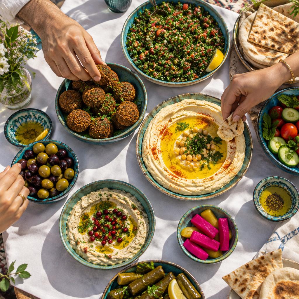Illustrative spread of traditional Arab mezze, fresh falafel, hummus and flatbread